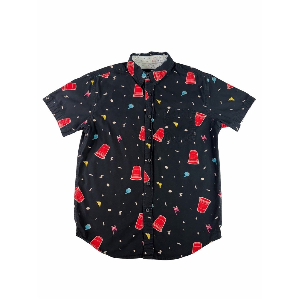 Eighth Avenue Red Solo Cup Party Button Up Shirt Mens S Black Short Sleeve Retro